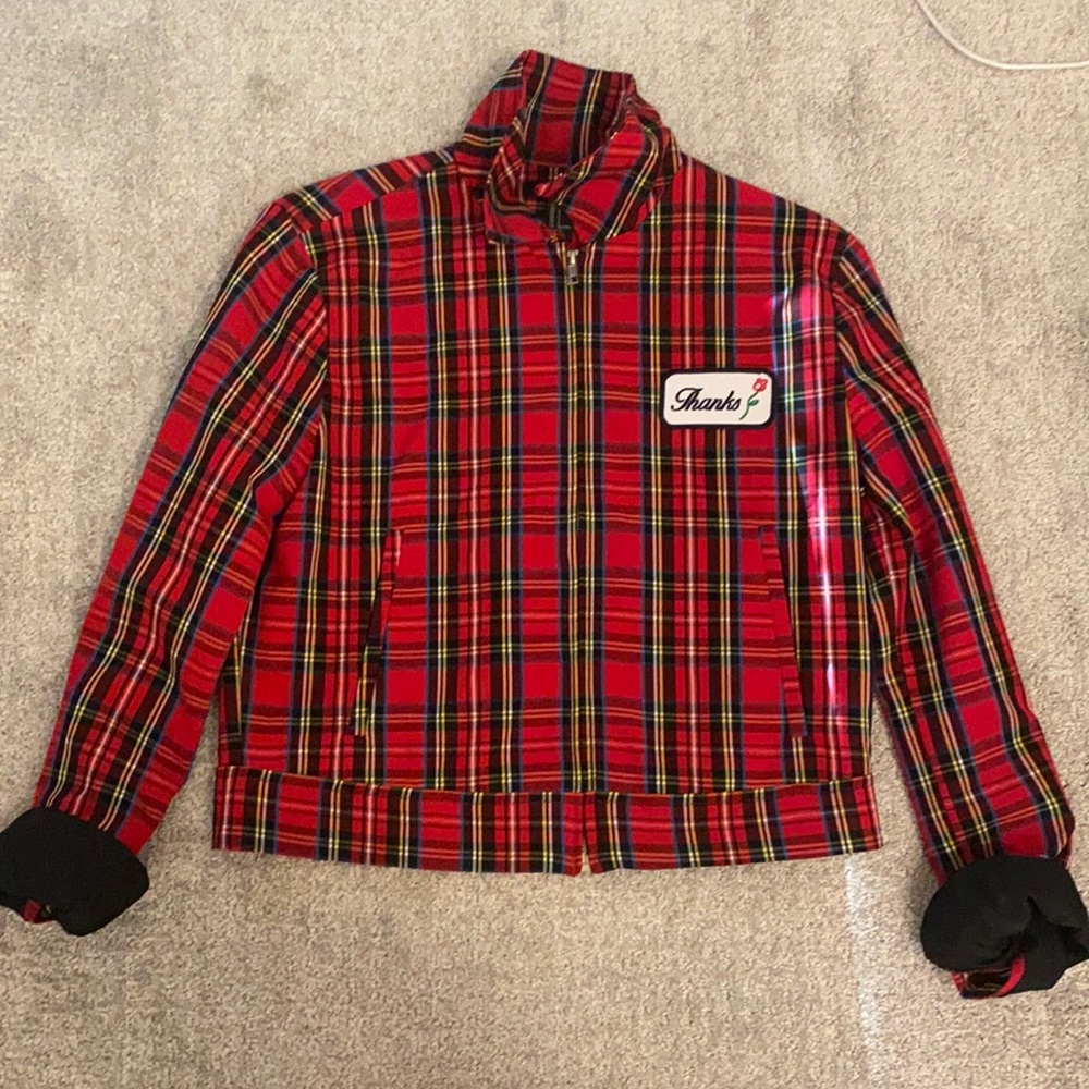 Red Forever 21 plaid zip up jacket.